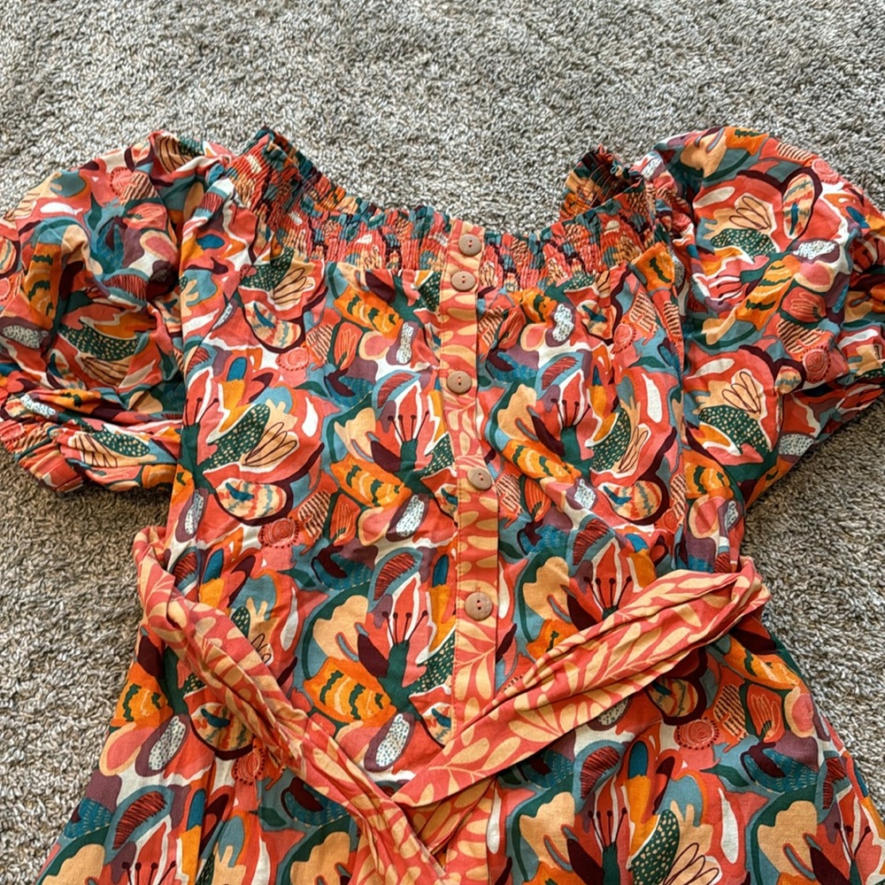 Never been worn floral orange, coral, teal maxi linen dress - Picture 2 of 2